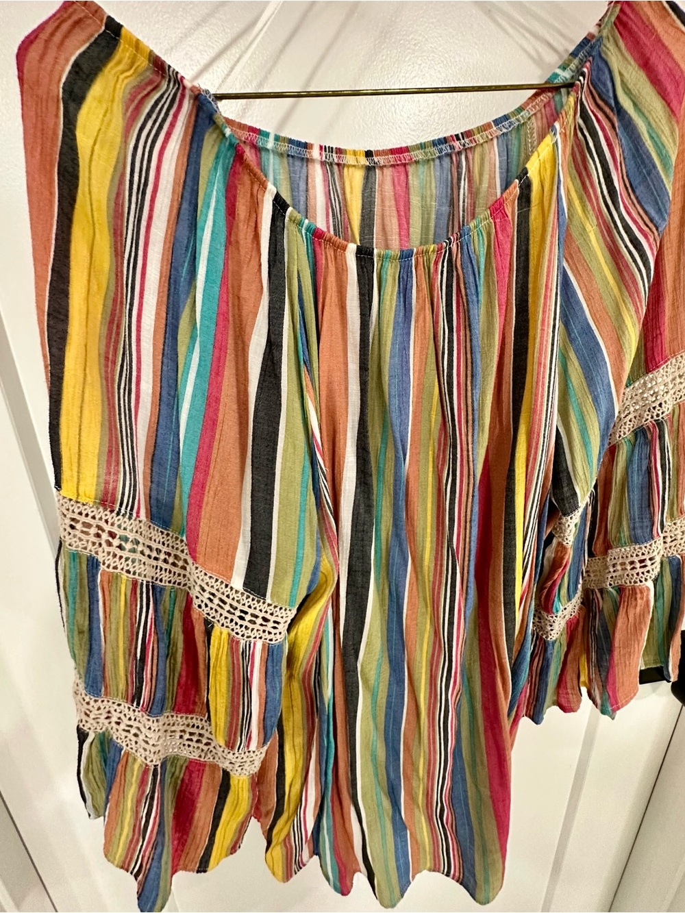 Striped Multicolor Off-Shoulder Tunic with Crochet Trim